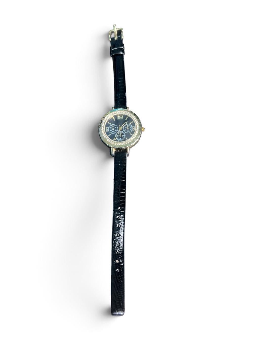 Women’s Gold Tone Rhinestone Black Multi Dial Faux Leather Quartz Watch Glam Y2K - Picture 3 of 5